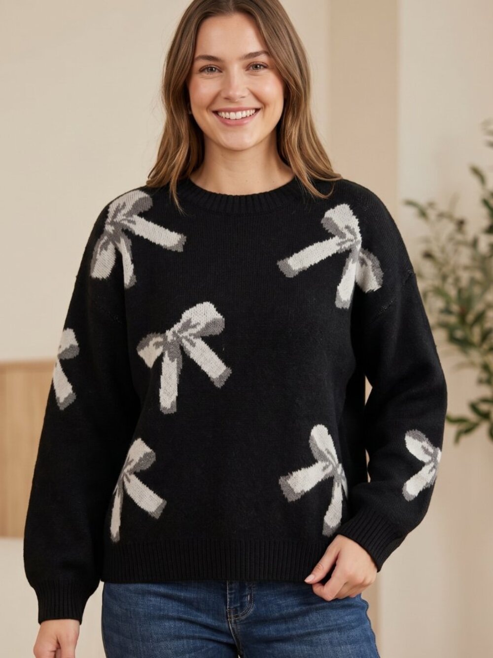 NWT Libsorge Black Bow Jacquard Knit Crewneck Sweater Small